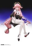  1girl absurdres alternate_costume animal_ears artist_name bare_shoulders black_background black_dress black_shoes black_sleeves blue_background breasts commentary crossed_legs detached_sleeves dress earrings electro_slime_(genshin_impact) feet floppy_ears fox_ears fox_girl frills full_body genshin_impact gradient_background hair_between_eyes hair_ornament hand_on_own_thigh high_heels highres hitomi_(tongshou) invisible_chair jewelry large_breasts legs long_hair long_sleeves looking_at_viewer low-tied_long_hair necklace parted_lips pink_hair puffy_long_sleeves puffy_sleeves purple_eyes shoe_dangle shoes sideboob sidelocks sitting sleeveless sleeveless_turtleneck slime_(genshin_impact) smile solo teeth thigh_strap thighhighs thighs toe_cleavage toes turtleneck twitter_username two-tone_dress very_long_hair watermark web_address weibo_watermark white_background white_thighhighs yae_miko 