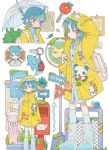  1girl animal_charm backpack bag blue_boots blue_hair blue_shirt blue_socks boots brown_eyes bulletin_board bus_stop charm_(object) closed_mouth clover commentary_request expressionless four-leaf_clover highres jubilee_2025 key korean_commentary luce_(jubilee_2025) mailbox_(incoming_mail) medium_hair multiple_views panda plant polka_dot_footwear raincoat road_sign rubber_boots shirt sign snail socks sw_swoo white_bag yellow_raincoat 
