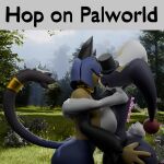 1:1 3d_(artwork) absurd_res big_breasts black_body black_fur black_hair blender_(artwork) blue_body blue_fur blue_hair breast_squish breasts burtrevolution butt butt_grab clothing detailed_background digital_media_(artwork) duo dupin_(pal) dupin_(seriuswolf) eyes_closed felid feline female female/female flower forest fur gem hair hand_on_butt hat headgear headwear hi_res hop_on_(meme) hug hugging_another kissing lagomorph leporid light making_out mammal meme nude outside pal_(species) palmorph palworld plant pocketpair rabbit sekhmet_(pal) shrub sky squish sunlight tree white_body white_fur white_hair yellow_body yellow_fur