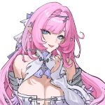  1girl bare_shoulders blue_eyes breasts bridal_gauntlets bunnyoki cleavage commentary cosplay dress elf elysia_(honkai_impact) highres honkai_(series) honkai_impact_3rd large_breasts long_hair looking_at_viewer mihoyo pink_hair pointy_ears remielle_dan remielle_dan_(cosplay) simple_background smile solo very_long_hair white_background white_dress zenless_zone_zero 