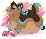  2017 ambiguous_gender blue_nose canid canine canis citrinelle digital_media_(artwork) domestic_dog doughnut ear_piercing ear_ring eyes_closed feral food mammal morbidly_obese obese overweight overweight_ambiguous piercing simple_background smile solo 