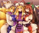 3girls animal_ear_fluff animal_ears artist_name bangs blonde_hair bow breasts brown_background brown_eyes brown_hair cat_ears cat_tail chen commentary_request cowboy_shot dress eyebrows_visible_through_hair fang fang_out fingernails fox_tail frilled_shirt_collar frilled_sleeves frills from_side gradient gradient_background group_hug hair_between_eyes hair_bow hair_intakes hat hat_ribbon hug juliet_sleeves large_breasts long_sleeves looking_at_viewer marota mob_cap multiple_girls multiple_tails nail_polish neck_ribbon ofuda older pillow_hat profile puffy_sleeves purple_eyes purple_nails red_bow red_nails red_ribbon ribbon sharp_fingernails short_hair sidelocks standing tabard tail touhou twitter_username white_dress white_headwear white_neckwear white_ribbon wide_sleeves yakumo_ran yakumo_yukari yellow_eyes yellow_ribbon 