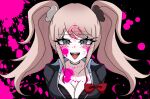  1girl black_background black_bra black_shirt blonde_hair blood blood_on_body blood_on_face blood_splatter bow bra breasts cleavage collarbone collared_shirt colored_blood commentary_request crosshair danganronpa:_trigger_happy_havoc danganronpa_(series) enoshima_junko eyelashes fangs grey_eyes hair_ornament highres long_hair open_mouth ore_o_aise pink_blood red_bow ringed_eyes shirt smile solo teeth tongue tongue_out twintails underwear upper_teeth_only 