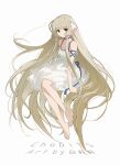  1girl absurdly_long_hair absurdres android arm_ribbon artist_name bare_shoulders barefoot blonde_hair blue_ribbon brown_eyes bukeshiyongzhenjun chii chobits closed_mouth collarbone commentary_request copyright_name dress expressionless feet full_body hair_tubes highres invisible_chair long_hair long_sidelocks looking_at_viewer ribbon robot_ears sidelocks simple_background sitting sleeveless sleeveless_dress solo very_long_hair very_long_sidelocks white_background white_dress 