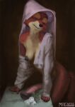 animal_genitalia animal_penis anthro areola big_unflared_glans bodily_fluids bottomless bottomless_anthro bottomless_gynomorph bottomless_intersex breasts canid canine canis clothed clothing crossgender digital_media_(artwork) digital_painting_(artwork) disney equine_genitalia equine_penis eyes_closed flower fox ftg_crossgender fti_crossgender fur genital_fluids genitals gynomorph half-erect hi_res intersex leaking_precum magnetus maid_marian mammal nipples one_breast_out open_clothing open_topwear orange_body painting_(artwork) penis plant precum precum_puddle red_fox robin_hood_(disney) simple_background solo tail topwear true_fox unflared veil