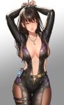  1girl absurdres alternate_costume arms_behind_head arrest belt black_belt black_hair bound bound_wrists breasts catsuit center_opening closed_mouth clothing_cutout collarbone commentary_request commission cuffed cuffs dead_or_alive dead_or_alive_xtreme dead_or_alive_xtreme_venus_vacation front_zipper full-length_zipper gold_necklace gradient_background grey_background handcuffs highres jewelry korean_commentary large_breasts latex leather_belt linea_alba lips long_hair looking_at_viewer multicolored_hair multiple_thigh_straps nanami_(doa) navel necklace o-ring o-ring_belt open_clothes pixiv_commission prisoner purple_eyes side_cutout sidelocks smile solo streaked_hair swept_bangs thigh_gap thigh_strap trickster_(death_combo) unzipped zipper zipper_pull_tab 