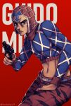  animal_print argyle_clothes argyle_hat argyle_sweater artist_name belt character_name commentary fumato grey_belt guido_mista gun hand_on_own_leg handgun hat highres holding holding_gun holding_weapon jojo_no_kimyou_na_bouken lips looking_at_viewer male_focus midriff navel nose pants red_background red_hat red_pants revolver solo sweater tiger_print v-shaped_eyebrows vento_aureo weapon 