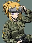  1girl 35th_marine_brigade belt black_belt blonde_hair breasts cable camouflage camouflage_jacket camouflage_pants closed_mouth commission commissioner_upload controller digital_camouflage expressionless eyewear_on_head flag_patch frown green_background green_pants head-mounted_display holding holding_controller holding_remote_control jacket long_sleeves looking_at_viewer looking_to_the_side military military_fatigues military_uniform mrxinom non-web_source pants patch purple_eyes radio_controller remote_control russo-ukrainian_war simple_background small_breasts soldier solo tanya_degurechaff tanya_degurechaff_(sleepwalker) tryzub ukrainian_flag ukrainian_marine_corps upper_body youjo_senki 