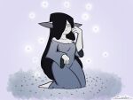 4:3 biped black_hair breasts clothed clothed_female clothed_humanoid clothing dialogue dress elmistorr exposed_shoulder fantasy female female_humanoid ghost goblin goblinization grass hair hair_over_eye hi_res humanoid humanoid_pointy_ears long_dress long_ears long_hair mammal not_furry obstructed one_eye_obstructed outside plant pointy_ears sad sadako_goblin sadako_yamamura shortstack solo spirit standing tired undead white_body white_clothing white_eyes white_skin
