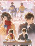  1boy 1girl adjusting_scarf black_hair black_jacket black_pants black_socks blue_bow blue_bowtie blue_skirt blush book bow bowtie breasts brown_hair cardiogram cherry_blossoms classroom collared_shirt commentary couple desk dress_shirt eren_yeager gakuran green_eyes grey_eyes hair_between_eyes head_on_hand hetero highres holding_hands jacket medium_breasts mikasa_ackerman open_book orange_jacket pants parted_bangs pleated_skirt reading red_scarf scarf school_desk school_uniform shingeki_no_kyojin shirt shoes short_hair sitting skirt socks twintails untranslatable_commentary white_shirt white_shoes yabi_oblivion 