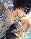  1boy aqua_gem black_hair black_shorts blunt_ends collarbone commentary_request flower gem genshin_impact gold gold_pendant hand_on_own_leg highres hood hood_down hooded_shirt jewelry long_sleeves looking_at_viewer male_focus necklace open_clothes open_shirt outdoors parted_lips pectorals pom_pom_(clothes) purple_eyes purple_rope rope scaramouche_(genshin_impact) shade shirt shore shorts sitting sketch solo squinting swim_ring tassel tsurime vision_(genshin_impact) wanderer_(genshin_impact) water wet white_flower white_hood white_mouth white_shirt white_sleeves wispy_bangs yu_(geda4335) 