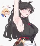  2girls ahoge armpits artoria_pendragon_(fate) black_hair blonde_hair blue_eyes blush breasts commentary embarrassed english_commentary fate/stay_night fate_(series) hair_ribbon heavy_breathing highres honkai:_star_rail honkai_(series) knife large_breasts licking_lips long_hair multiple_girls presenting_own_armpit ribbon saber_(fate) saber_(honkai:_star_rail)_(fate) shirt short_hair sideboob skirt sleeveless sleeveless_shirt solo_focus sweat sweaty_armpits tohsaka_rin tohsaka_rin_(honkai:_star_rail) tongue tongue_out two_side_up unfamousradish you_gonna_get_eaten yuri 