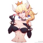  1girl banned_artist black_bra black_collar black_nails blonde_hair blue_earrings blue_eyes bowsette bra bracelet breasts collar crown earrings fingernails genderswap highres horns jewelry medium_breasts mushroom paul_kwon pointy_ears sharp_fingernails sharp_teeth simple_background solo spiked_armlet spiked_bracelet spiked_collar spikes stomach super_crown teeth transformation underwear white_background 