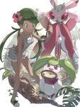  1girl 2others bare_shoulders berry_(pokemon) collarbone commentary_request flower forest green_eyes green_hair grey_overalls hair_flower hair_ornament hand_on_own_knee highres holding holding_ladle holding_plate ladle lurantis mallow_(pokemon) multiple_others nature outdoors overalls plate pokemon pokemon_sun_and_moon steenee stew tehepero tongue tree twintails ve_0ekaki 