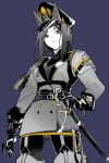  1girl animal_ears arknights belt boots brown_eyes chinese_commentary commentary_request cowboy_shot dobermann_(arknights) dobermann_(lieutenant)_(arknights) elbow_gloves gloves hat highres jacket long_hair long_sleeves looking_at_viewer military_hat military_jacket official_alternate_costume pantyhose parted_lips partially_colored peaked_cap piaoliu_ping_ping_ping_pingzi purple_background sheath sheathed simple_background solo split_mouth standing sword tassel thigh_boots weapon 
