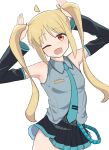  1girl absurdres ahoge alternate_costume ariita-san bare_shoulders blonde_hair blush bocchi_the_rock! commentary_request cosplay detached_sleeves hatsune_miku hatsune_miku_(cosplay) highres ijichi_nijika long_hair looking_at_viewer necktie open_mouth pleated_skirt shirt skirt sleeveless sleeveless_shirt smile solo thighhighs very_long_hair vocaloid 