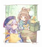 2girls :3 animal_ears artist_name bamboo bamboo_forest basket bead_necklace beads beak bird bird_wings black_nails blue_dress blue_ribbon blunt_bangs blush border bow bow-shaped_hair bowtie brown_eyes brown_hair capelet child chinese_clothes coin_hair_ornament commentary_request crossed_bangs day dress earrings feathered_wings fingernails flower forest genshin_impact green_dress hair_between_eyes hair_bow hair_flower hair_ornament hair_ribbon hairclip hat hat_tassel highres holding holding_flower jewelry jiangshi leaf long_sleeves looking_at_another multiple_girls nail_polish nature neck_ribbon necklace ofuda ofuda_on_head open_mouth outdoors outside_border pet pink_eyes pink_ribbon pon2oo puffy_long_sleeves puffy_sleeves purple_capelet purple_flower purple_hair purple_hat qingdai_guanmao qiqi_(genshin_impact) rabbit_ears rabbit_hair_ornament rabbit_ornament ribbon sailor_collar short_hair sidelocks sitting sky smile tassel two-tone_dress white_border white_dress white_flower white_sky wings yaoyao_(genshin_impact) yaoyao_(rainlit_bamboo_reverie)_(genshin_impact) yellow_bow yellow_bowtie yellow_ribbon yuegui_(genshin_impact) 