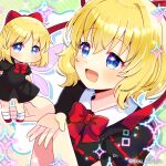  2girls :d black_dress blonde_hair blue_eyes bow closed_mouth collared_dress commentary_request diagonal-striped_background dress hair_between_eyes hair_bow hair_ribbon hands_up kou_hiyoyo medicine_melancholy multiple_girls pixelated puffy_short_sleeves puffy_sleeves red_bow red_ribbon red_shoes ribbon shoes short_sleeves smile socks sparkle striped_background su-san touhou twitter_username white_socks 