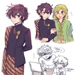  1boy 2girls agott_arklaum_(tongari_boushi_no_atelier) alternate_costume arm_behind_back blush coco_(tongari_boushi_no_atelier) cowboy_shot flower flower_on_head glasses green_eyes green_hair hair_flower hair_ornament highres holding_another's_arm indonesian_clothes jewelry kebaya locked_arms long_sleeves looking_at_mirror mirror multiple_girls ppyuuingles purple_eyes purple_hair qifrey_(tongari_boushi_no_atelier) shawl simple_background sketch smile speech_bubble tongari_boushi_no_atelier upper_body white_background yuri 