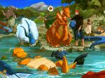  >_< 1girl 2boys :d absurdres aerodactyl altaria backwards_hat barefoot black_hair black_shirt bubble closed_eyes commentary_request day dragonite ethan_(pokemon) garchomp gyarados hat highres holding holding_hose hose korean_commentary lance_(pokemon) lyra_(pokemon) meganium multiple_boys open_mouth outdoors pants pokemon pokemon_heartgold_and_soulsilver salamence sangrokei shirt sky smile standing typhlosion water 