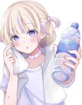  1girl blonde_hair bottle choker commentary_request highres holding holding_bottle hololive hololive_dev_is incoming_drink incoming_gift konnitwa_8 looking_at_viewer multicolored_hair open_mouth purple_choker purple_streaks shirt short_hair short_sleeves simple_background solo streaked_hair sweatdrop todoroki_hajime todoroki_hajime_(1st_costume) towel towel_around_neck two_side_up virtual_youtuber water_bottle white_background white_shirt 