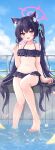  1girl :d absurdres animal_ear_fluff animal_ears barefoot bikini bikini_skirt black_bikini blue_archive blue_ribbon blue_sky blush cat_ears cat_girl collarbone commentary_request day extra_ears fang feet food frilled_bikini frills hair_ribbon halo hand_up highres holding holding_food holding_popsicle long_hair looking_at_viewer mochizuki_riku navel off-shoulder_bikini off_shoulder official_alternate_costume open_mouth outdoors pink_halo poolside popsicle red_eyes red_halo ribbon serika_(blue_archive) serika_(swimsuit)_(blue_archive) sitting sky slit_pupils smile soaking_feet solo stomach swimsuit toenails toes twintails wet 