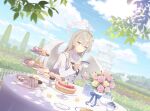  1girl absurdres angel_wings black_neckerchief blue_archive blue_bow blue_sky blurry blurry_background bouquet bow braid brown_hair building cake capelet closed_mouth cloud crown_braid cup day depth_of_field dress dutch_angle emblem feathered_wings flower food fountain fruit game_asset garden hair_between_eyes hair_flower hair_ornament halo highres holding holding_cup holding_plate holding_saucer leaf long_hair long_sleeves looking_at_viewer macaron nagisa_(blue_archive) neckerchief non-web_source official_art outdoors paruru_(nexon) pastry pitcher_(container) plate ring_of_light_(blue_archive) rose sailor_collar sandwich saucer scone self-datamine sidelocks sky smile solo strawberry sunlight table tablecloth teacup teapot tiered_tray tree upper_body vase white_capelet white_dress white_flower white_halo white_sailor_collar white_wings wings yellow_eyes 