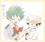  2boys :d =_= age_difference baseball_cap black_eyes black_hair blazer blush boku_no_hero_academia box breast_pocket child collared_shirt commentary_request cropped_arm cropped_torso dot_nose double_horizontal_stripe dress_shirt facing_another feeding film_grain food food_in_mouth freckles grey_jacket hand_up hands_up happy hat holding holding_box holding_food holding_pocky horned_hat izumi_kota jacket lapels long_sleeves looking_at_another male_focus midoriya_izuku multiple_boys nao_(n_sai_ao) necktie no_pupils notched_lapels open_mouth plain_epaulettes pocket pocky pocky_box pocky_in_mouth raised_eyebrows red_necktie sanpaku scar scar_on_hand school_uniform shirt short_eyebrows short_hair short_sleeves simple_background smile spiked_hair striped_blush translation_request tsurime u.a._school_uniform white_background white_hat white_shirt wing_collar 