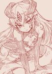  1girl aged_down alipheese_fateburn_xvi alipheese_fateburn_xvi_(sealed) armored_skirt breasts chest_jewel cleavage commentary_request earrings elbow_gloves eye_tattoo facial_mark gloves hair_between_eyes hair_tattoo highres horns jewelry kawahara0527 lamia long_hair mon-musu_quest! monster_girl pointy_ears scales simple_background small_breasts solo tail tattoo 