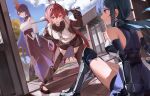  3girls absurdres ahoge bare_shoulders bent_over black_shoes blue_eyes blue_hair blue_sky blunt_bangs breasts brown_coat cloud coat commentary_request crop_top defeat dojo eris_greyrat eris_greyrat_(adult) gauntlets hair_between_eyes hairband highres holding isolte_cruel large_breasts leaning_forward long_hair long_sleeves looking_at_another multiple_girls mushoku_tensei nina_farion obi red_eyes red_hair sash shirt shoes sky sliding_doors smile sword very_long_hair weapon white_shirt yuandi123 