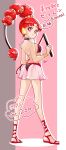  1girl ass bikini bishoujo_senshi_sailor_moon bishoujo_senshi_sailor_moon_supers black_bikini black_choker bracelet breasts choker closed_mouth commentary_request forehead_jewel from_side full_body highres holding holding_whip jewelry long_hair looking_at_viewer medium_breasts red_eyes red_hair red_sandals sandals sarashina_kau shoulder_pads signature smile solo standing swimsuit thong thong_bikini translation_request vesves_(sailor_moon) whip 