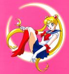  1girl :d back_bow bishoujo_senshi_sailor_moon bishoujo_senshi_sailor_moon_(first_season) blonde_hair blue_eyes blue_sailor_collar blue_skirt boots bow brooch choker crescent crescent_choker crescent_moon earrings elbow_gloves floating full_body gloves hair_bun hair_ornament happy high_heel_boots high_heels highres holding holding_wand jewelry knee_boots long_hair looking_at_viewer maboroshi_no_ginzuishou magical_girl marco_albiero miniskirt moon moon_stick_(sailor_moon) open_mouth parted_bangs pink_background pleated_skirt red_boots red_bow red_choker sailor_collar sailor_moon sailor_senshi_uniform simple_background sitting skirt smile solo tiara transformation_brooch_(sailor_moon) tsukino_usagi twintails very_long_hair wand weapon 