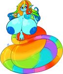  alpha_channel anthro areola big_breasts big_butt blue_areola blue_eyes blue_nipples blush breasts butt female hair hi_res huge_breasts lamia long_tail multicolored_hair multicolored_skin nipples rainbow reptile scalie snake solo tehbuttercookie thick_thighs 