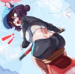  ! !! 1girl animal_ears backboob baseball_cap black_shrug blue_archive breasts commentary crop_top disappearance_outline dotted_line english_commentary fang from_behind hair_between_eyes hair_bun halo hat highres huge_breasts kaede_(blue_archive) long_sleeves looking_back median_furrow motor_vehicle o_o on_scooter open_mouth oppai_loli purple_hair red_halo riding riding_scooter scooter shirt short_hair shorts shrug_(clothing) signature silver_queen_(silverqueen0) single_side_bun sitting skin_fang solo white_shirt 