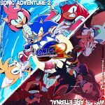  3girls 5boys absurdres amy_rose artist_collaboration blue_sky commentary copyright_name dr._eggman earth_(planet) english_commentary english_text eyewear_on_head facial_hair fang furry furry_female furry_male gloves hedgehog_boy hedgehog_girl highres knuckles_the_echidna logo maria_robotnik multiple_boys multiple_girls mustache open_mouth planet rouge_the_bat scouter scrimblocrimbo shadow_the_hedgehog sky soap_shoes sonic_(series) sonic_adventure_2 sonic_the_hedgehog space space_colony_ark spiked_knuckles split_theme tails_(sonic) tears trizziefrizzie white_gloves wide_mouth 