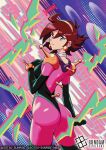  1girl ass blue_eyes bodysuit breasts brown_hair card_(medium) closed_mouth commentary_request company_name copyright_logo copyright_name copyright_notice earrings from_behind g_gundam gloves gundam gundam_card_game gunjima_souichirou hairband jewelry logo looking_at_viewer mecha_pilot_suit medium_breasts mobile_trace_suit official_art pink_bodysuit rain_mikamura short_hair skin_tight solo thighs 