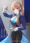  1girl artist_name blue_eyes blue_flower blue_necktie blue_ribbon blue_rose breasts brown_hair brown_pants brown_vest candle character_request closed_mouth collared_shirt commentary_request copyright_name cup fire flower hair_over_shoulder hair_ribbon holding holding_saucer holding_teapot inkya_no_boku_ni_batsu_game_de_kokuhakushitekita_hazu_no_gyaru_ga_dou_mitemo_boku_ni_betabore_desu jacket kagachi_saku large_breasts long_hair looking_at_viewer low_ponytail necktie novel_illustration official_art open_clothes open_jacket pants ponytail pouring purple_jacket ribbon rose saucer shirt smile solo teacup teapot textless_cover_page thigh_gap very_long_hair vest white_shirt window 