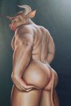  2019 anthro big_butt bovid bovine butt cattle digital_media_(artwork) eyewear glasses hand_on_butt hi_res horn huge_butt looking_back male mammal muscular muscular_male newark nipples nude pecs presenting realistic rear_view simple_background solo spanish_fighting_bull standing 