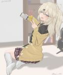  1girl absurdres bandaid black_shirt blue_eyes blue_nails blush bookshelf cardigan cellphone collared_shirt commentary_request dated electric_guitar full_body grey_hair guitar guitar_stand gunpla hair_ornament hairclip highres indoors instrument kasukabe_tsumugi long_hair long_sleeves looking_at_viewer looking_back miniskirt model_kit no_shoes one_side_up open_cardigan open_clothes open_mouth phone plaid_clothes plaid_skirt purple_skirt selfie shirt skirt smartphone smile socks solo sui_c82 v voicevox white_socks yellow_cardigan 