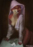 2026 anthro areola artist_name black_nose bottomless bottomless_anthro bottomless_female breasts canid canine canis cheek_tuft clothed clothing countershade_face countershade_fur countershade_neck countershade_torso countershading dark_areola dark_nipples digital_media_(artwork) digital_painting_(artwork) disney eyebrows eyes_closed facial_tuft female female_anthro fingers flower fox fur headdress hi_res high_contrast magnetus maid_marian mammal nipples one_breast_out open_clothing open_topwear orange_body painting_(artwork) plant red_fox robin_hood_(disney) snout solo text topwear true_fox tuft veil wimple