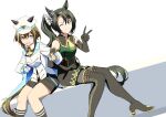  2girls absurdres animal_ears ascot baasaku_(balasaku24) black_boots black_gloves black_hair black_pantyhose black_shorts black_socks blue_cape blue_eyes boots breasts brown_hair cape cheval_grand_(grand_itineraire)_(umamusume) cheval_grand_(umamusume) closed_mouth commentary_request crown_ornament ear_covers ear_ornament ear_through_crown ears_through_headwear elbow_gloves gloves green_eyes green_sweater hair_between_eyes hat hat_belt highres horse_ears horse_girl horse_tail jacket locked_arms long_hair looking_at_viewer medium_breasts midriff_peek multicolored_hair multiple_girls necktie one_eye_closed open_mouth pantyhose peaked_cap ribbed_sweater satono_crown_(emerald_journey)_(umamusume) satono_crown_(umamusume) shorts side_ponytail single_glove sleeveless sleeveless_sweater smile socks streaked_hair suspender_shorts suspenders sweater tail thigh_boots umamusume v white_hair white_hat white_jacket yellow_ascot yellow_necktie 