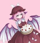  1girl animal_ear_piercing animal_ears bird_ears bird_wings birthday_cake blush bow bowtie breasts brown_dress brown_eyes brown_hat cake dress earrings feathered_wings food hat highres jewelry long_sleeves looking_at_viewer mystia_lorelei pink_background pink_hair shirt short_hair smile solo thrownaloecrown touhou white_bow white_bowtie white_shirt winged_hat wings 