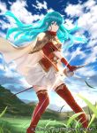  1girl aqua_hair armor bangs blue_eyes blue_sky boots breastplate cape closed_mouth cloud cloudy_sky commentary_request company_connection copyright_name day eirika fire_emblem fire_emblem:_the_sacred_stones fire_emblem_cipher gloves grass holding long_hair looking_at_viewer mayo_(becky2006) mountain mountainous_horizon official_art outdoors red_footwear red_gloves shiny shiny_hair short_sleeves shoulder_armor sidelocks skirt sky solo standing sword thigh_boots thighhighs weapon white_skirt zettai_ryouiki 