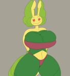 antennae_(anatomy) anthro arthropod_abdomen big_breasts bra breasts clothing female generation_5_pokemon green_body grey_background hands_behind_back hi_res huge_breasts leavanny navel nintendo pleasantlyplumpthiccness pokemon pokemon_(species) red_bra red_clothing red_eyes red_underwear simple_background smile solo thick_thighs underwear yellow_body