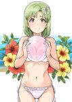  1girl ass_visible_through_thighs ball beachball bikini bow breast_press breasts brown_eyes cleavage collarbone cowboy_shot eyebrows_visible_through_hair flower frilled_bikini frills green_hair groin hair_bow hibiscus highres holding holding_ball idolmaster idolmaster_(classic) idolmaster_stella_stage looking_at_viewer medium_breasts mole mole_under_eye navel red_flower shiika_(idolmaster) short_hair side-tie_bikini solo standing swimsuit thigh_gap transparent tsurui white_background white_bikini white_bow yellow_flower 