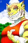 2026 2:3 anthro artist_logo blue_eyes brown_body brown_fur brown_stripes clothing countershade_face countershade_fur countershade_hands countershade_torso countershading dipstick_ears ear_markings felid fur hi_res logo male mammal markings morenatsu multicolored_body multicolored_ears multicolored_fur muscular muscular_anthro muscular_male offering_hand one_eye_closed open_mouth open_smile pantherine pecs pink_nose red_clothing red_shirt red_tank_top red_topwear run_aki shirt sky smile solo striped_body striped_fur stripes tank_top tiger topwear torahiko_ooshima white_body white_countershading white_fur wink yellow_body yellow_fur