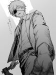  1boy absurdres axe chainsaw_man commentary_request denji_(chainsaw_man) dress_shirt eyepatch from_below grey_background greyscale highres holding holding_axe jacket looking_at_viewer looking_down male_focus mekill215280 monochrome necktie sharp_teeth shirt shirt_tucked_in short_hair simple_background solo suit_jacket suit_pants teeth translation_request 