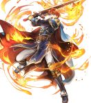  1boy arm_guards armor armored_boots bangs belt black_gloves blue_eyes boots cape eliwood_(fire_emblem) fire fire_emblem fire_emblem:_the_blazing_blade fire_emblem_heroes full_body gloves highres holding holding_sword holding_weapon jewelry long_sleeves looking_at_viewer male_focus official_art open_mouth pants red_hair shiny shiny_hair short_hair shoulder_armor solo sword tiara transparent_background wada_sachiko weapon white_pants 