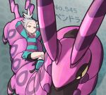  2017 absurd_res ambiguous_gender blue_eyes bottomwear clothed clothing crossed_legs duo female freckles gym_leader hair hands_behind_head hi_res human japanese_text larger_ambiguous looking_at_viewer mammal nintendo pok&eacute;mon pok&eacute;mon_(species) reis94618 roxie_(pok&eacute;mon) scolipede shirt shorts size_difference smaller_female text topwear video_games white_hair 
