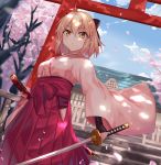  1girl absurdres ahoge black_bow blonde_hair blue_sky bow brown_eyes building cherry_blossoms cloud day fate/grand_order fate_(series) hair_between_eyes hair_bow highres hip_vent holding holding_sword holding_weapon japanese_clothes katana kimono long_sleeves looking_at_viewer okita_souji_(fate) okita_souji_(fate)_(all) outdoors petals pink_kimono sheath short_hair sidelocks sky solo standing sword torii tree user_yjmv4437 weapon wide_sleeves 